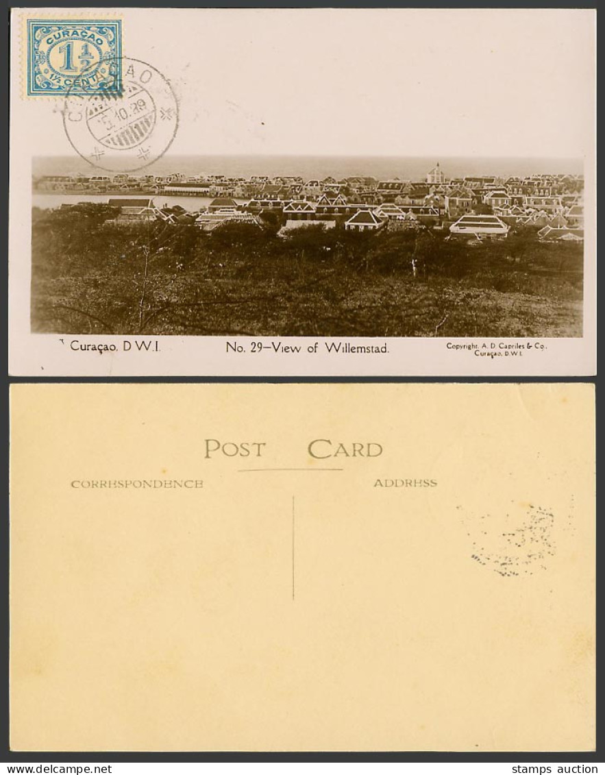 Curacao 1 1/2d 1929 Old Real Photo Postcard Willemstad Panorama - Dutch Antilles