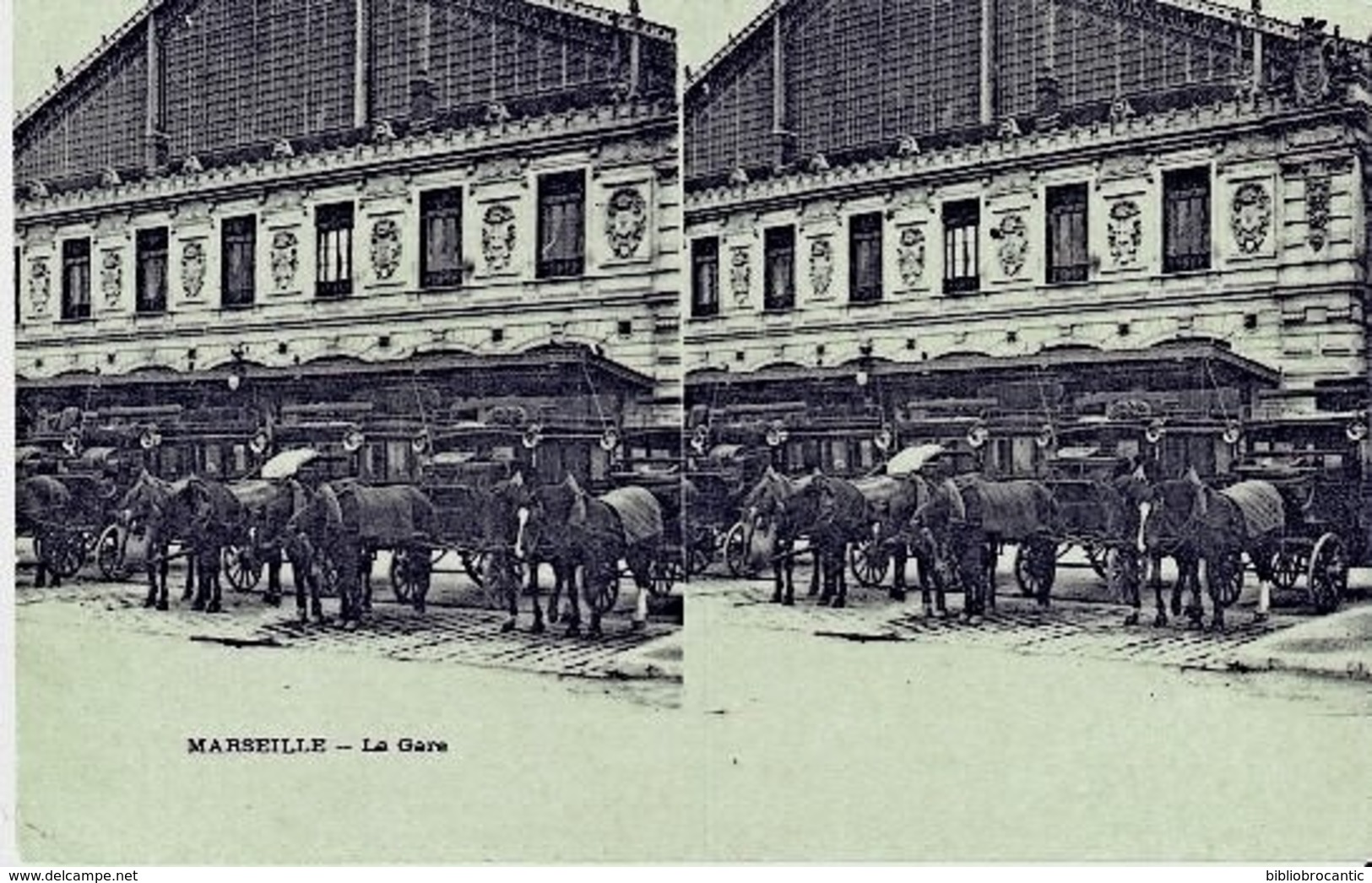 D13 Cpa précurseur Stéreo -MARSEILLE < DEVANT de la GARE ANIME (attelages)
