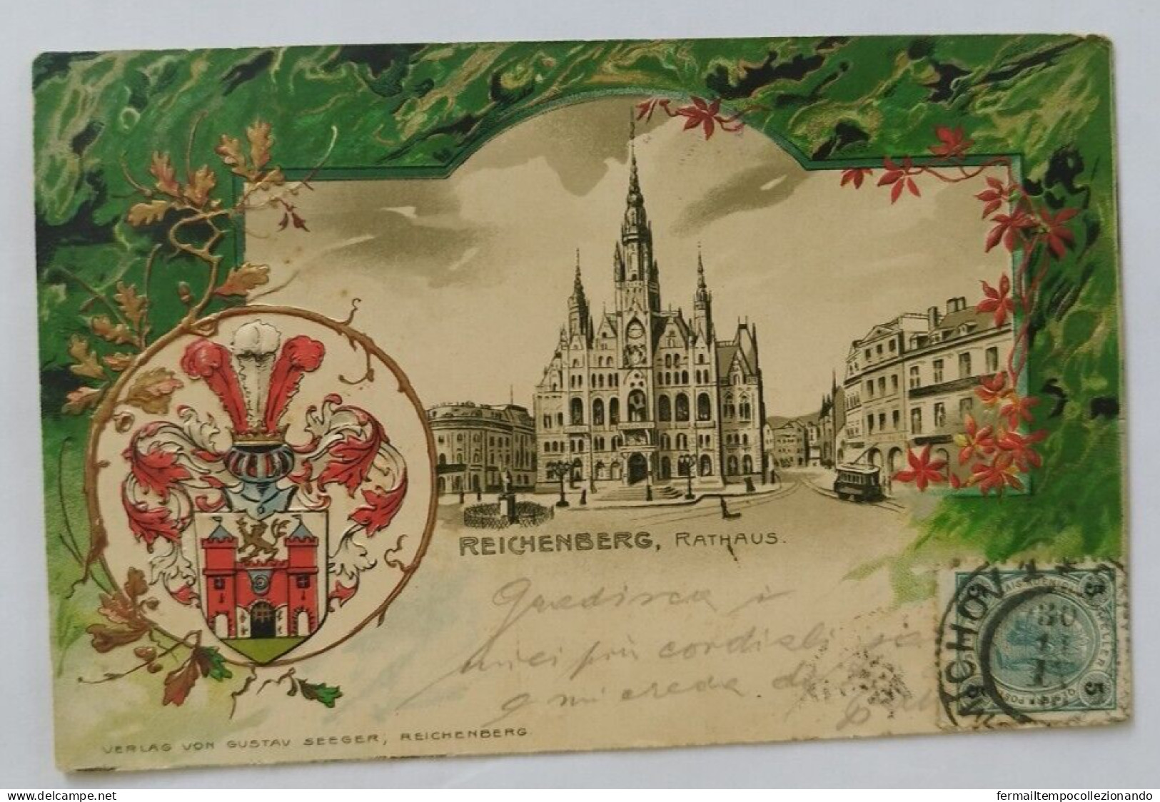 da75 cartolina  a rilievo reichenberg rathaus repubblica ceca