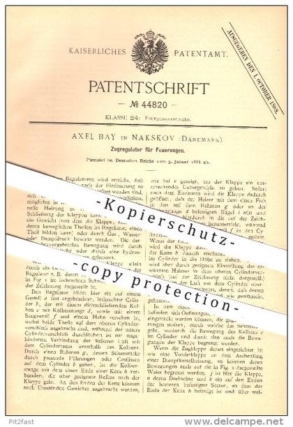 original Patent -  Axel Bay in Nakskov , Dänemark , 1888 , Zugregulator für Feuerungen , Regulator , Ofen , Ofenbauer !!