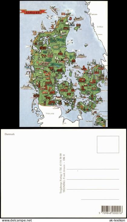 Postcard .Dänemark - Illustrierte Landkarte von Dänemark 1990