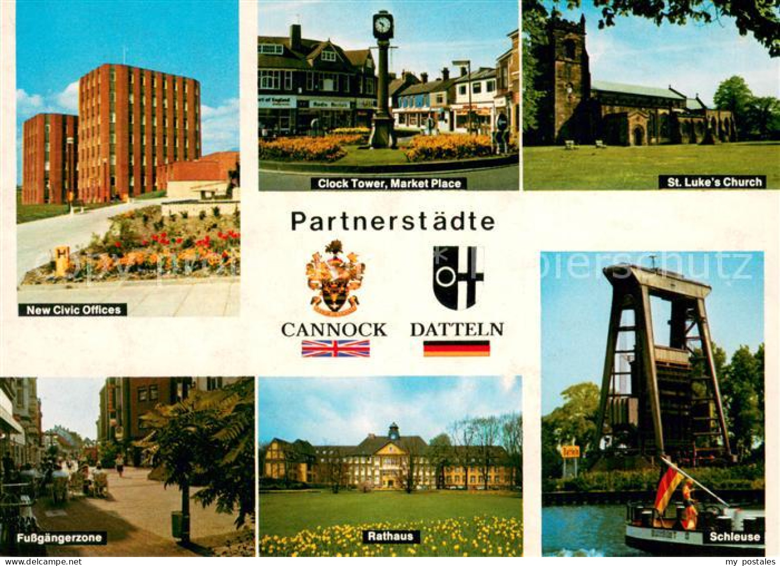 Datteln Fussgaengerzone Rathaus Schleuse Partnerstadt Cannock Civic Offices Cloc