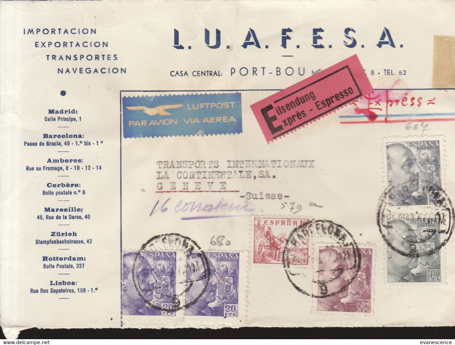 de Madrid  1946 timbres et tampons pour la Suisse : transportes LUAFESA    ///   Ref. Nov. 20