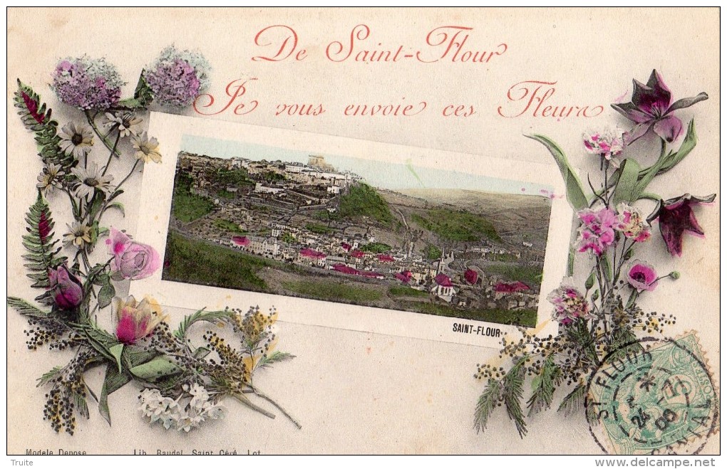 DE SAINT-FLOUR JE VOUS ENVOIE CES FLEURS CARTE FANTAISIE VUE DE SAINT-FLOUR EN MEDAILLON PEU COURANT