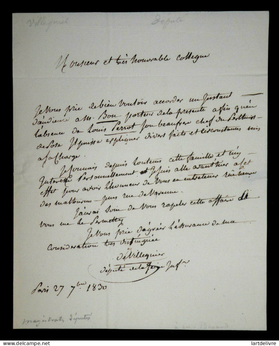 DE VILLEQUIER Jean-Marie - LETTRE AUTOGRAPHE SIGNÉE, 1830