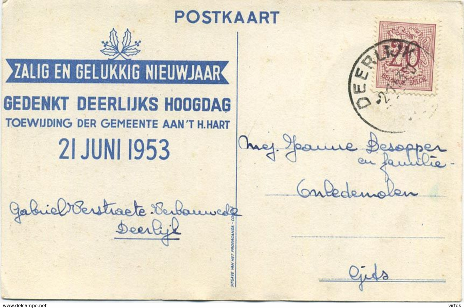 DEERLIJK :  1953  zie scans (     15 x 10.5  cm  ) geschreven aan Jeanne Desopper omledenmolen GITS