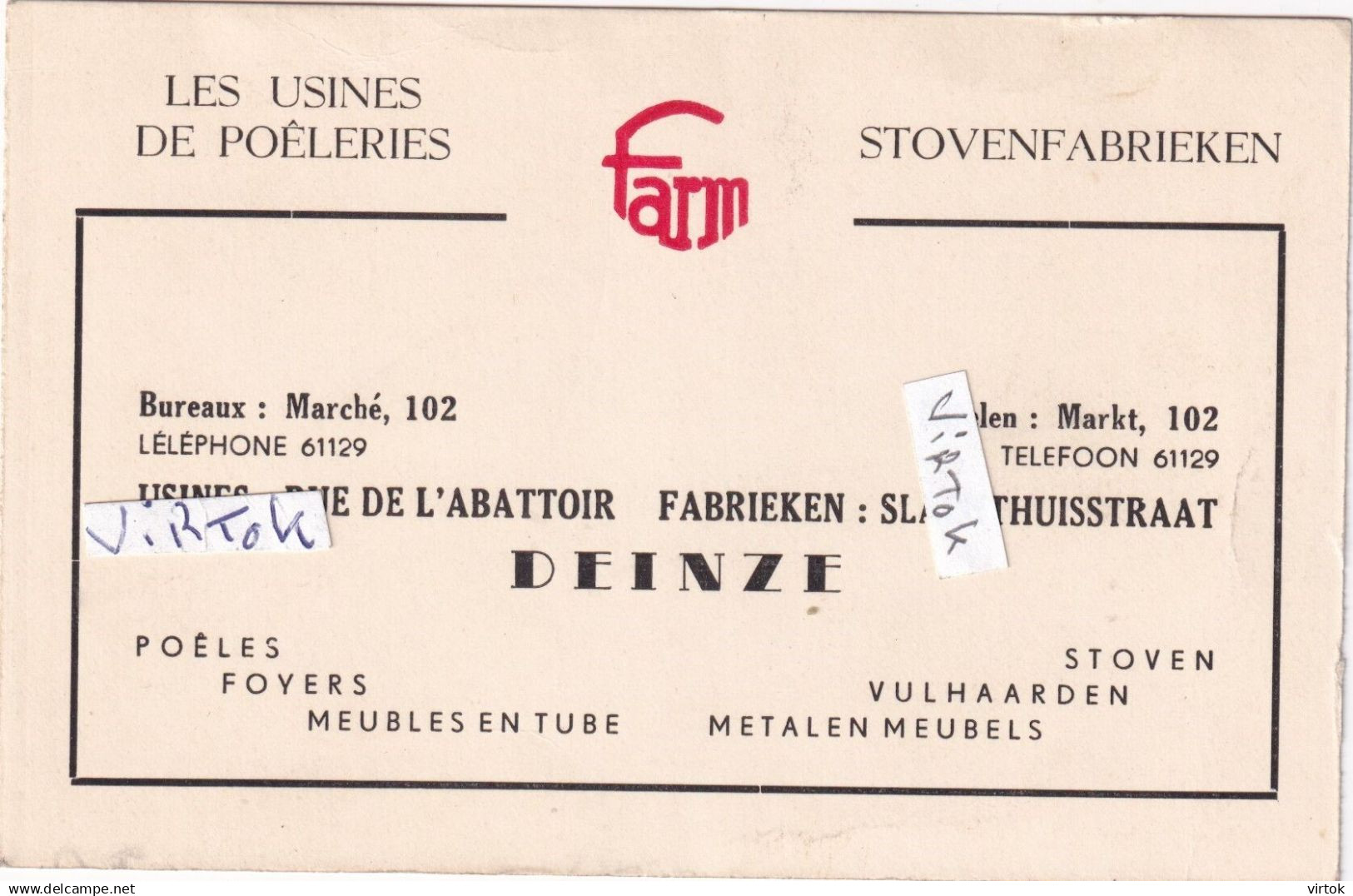 DEINZE :  FARM :  Stovenfabrieken  (  reclamekaart ) verso stempel Mr.D. Rasson vertegenwoordiger , vredelaan 1   HEULE