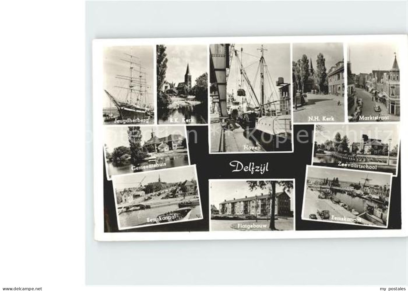 Delfzijl Jeugdherberg Kerk Haven Marktstraat Gemeentehuis Zeevaarrschool Eemskan