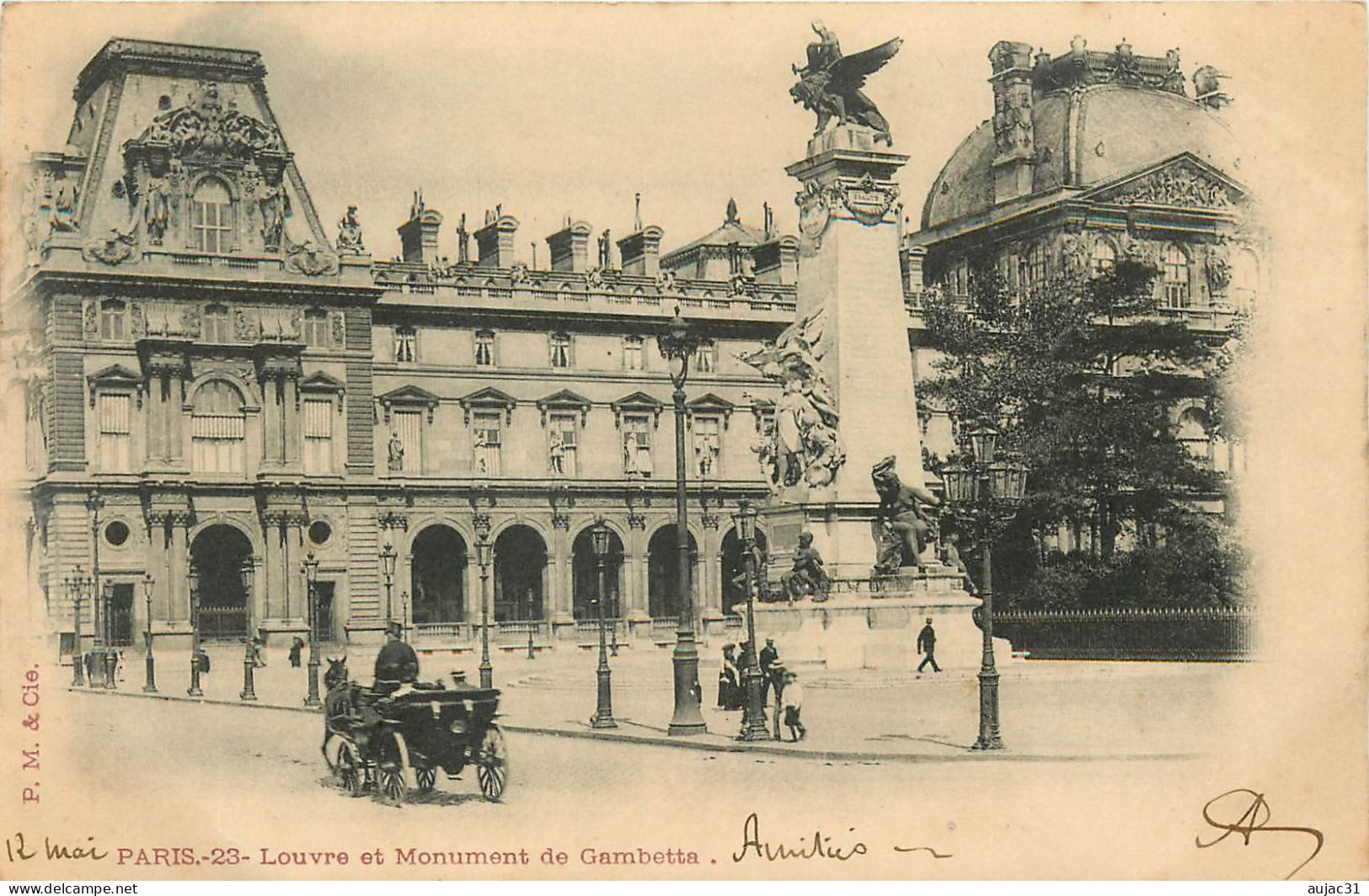 Dép 75 - Attelage de chevaux - Paris - Arrondissement 01 - Louvre et monument de Gambetta - P.M. &ie N° 23 - état