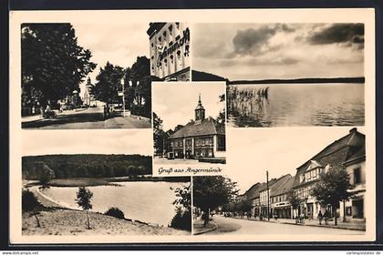 AK Angermünde, Strassenpartie mit Restaurant, Turmgebäude, Wasserpartien