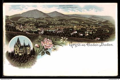 Lithographie Baden-Baden, Blick vom Friesenberg, Schloss Solms