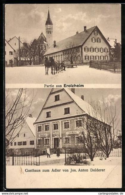 AK Erolzheim, Gasthaus zum Adler von Jos. Anton Dolderer, Partie an der Kirche im Winter