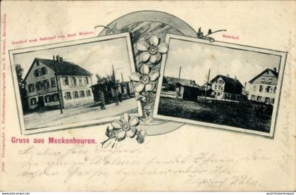 CPA Meckenbeuren in Oberschwaben Württemberg, Gasthof zum Bahnhof, Bahnhof