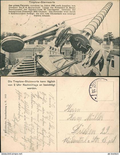 Ansichtskarte Alt-Treptow-Berlin Treptow-Sternwarte - Das große Fernrohr 1913
