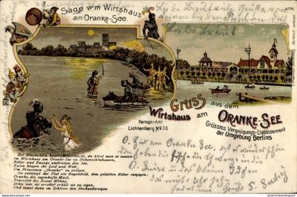 Clair de lune Lithographie Berlin Lichtenberg Hohenschönhausen, Wirtshaus am Orankesee, Sage