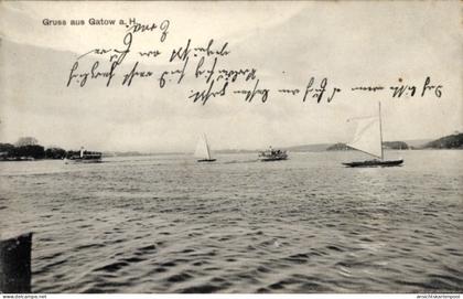 CPA Berlin Spandau Gatow, Segelboote auf Wasser, Gruss aus Gatow a. H., handschriftlicher Text