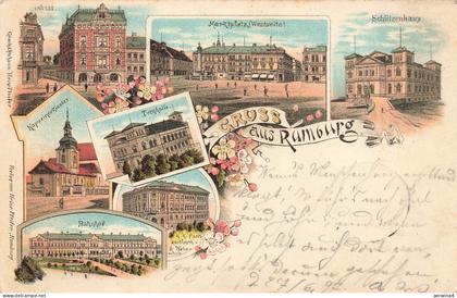 Gruss aus Rumburg mit Schützenhaus und Bahnhof Böhmen Litho Postkarte AK 1897