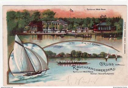 39001008 - Lithographie. Gruss aus Rauchfangswerder. Abgebildet ist das Restaurant Wald-Haus und der Blick auf Zeuthen.