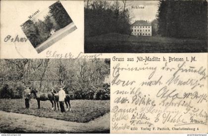 CPA Alt Madlitz Wilmersdorf Briesen in der Mark, Schloss, Meierei, Männer mit Pferden