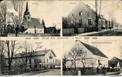 CPA Demnitz Steinhöfel in Brandenburg, Kirche, Schule, Schloss, Materialwarenhandlung