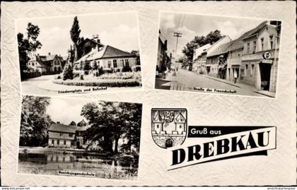 CPA Drebkau Niederlausitz, Straße der Freundschaft, Friedensplatz, Bahnhof, Bezirksjugendschule