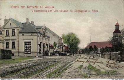 CPA Eichstädt Oberkrämer im Havelland, Geschäftshaus von Otto Nossack, Dorfstraße, Kirche