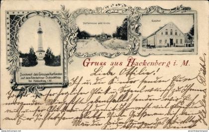 CPA Fehrbellin in Brandenburg, Hackenberg, Dorfstraße, Kirche, Gasthof, Denkmal des Großen Kurfürsten
