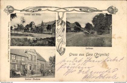CPA Garz Plattenburg in der Prignitz, Dorfstraße mit Kirche, Gasthof Muchow, Zollhaus, Gruss au...