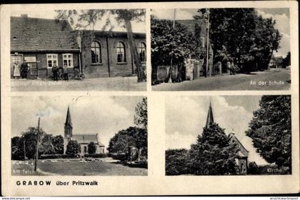 CPA Grabow bei Meyenburg in der Prignitz, Gasthof Albert Zabel, Schule, Teich, Kirche
