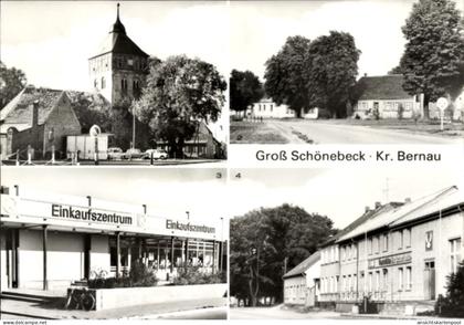 CPA Groß Schönebeck Kreis Bernau, Dorfkirche, Konsum Gaststätte Zur Schorfheide, Einkaufszentrum
