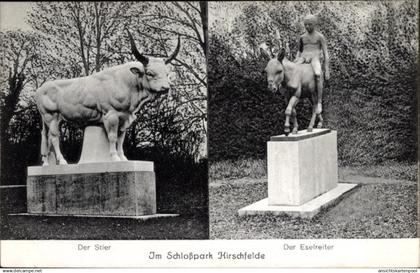CPA Hirschfelde Werneuchen, Schlosspark Hirschfelde, Plastiken Stier und Eselreiter