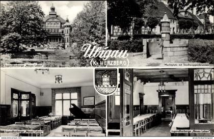 CPA Uebigau Wahrenbrück Brandenburg, Jugendherberge Neues Leben, Stadtwappenbrunnen, Marktplatz