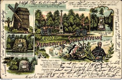 Lithographie Dennewitz Niedergörsdorf in Brandenburg, Dennewitzer Schlachtfeld, General von Bülow, Mühle