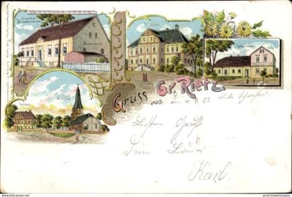 Lithographie Groß Rietz Rietz-Neuendorf in der Mark, Schloss, Kirche, Schulhaus, Gasthof Zimmermann