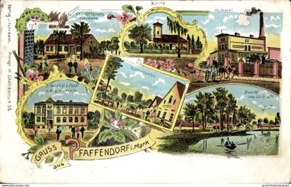 Lithographie Pfaffendorf Rietz Neuendorf in der Mark, Gasthof zur Post, Molkerei, Kirche, Geschäft Fuhrmann