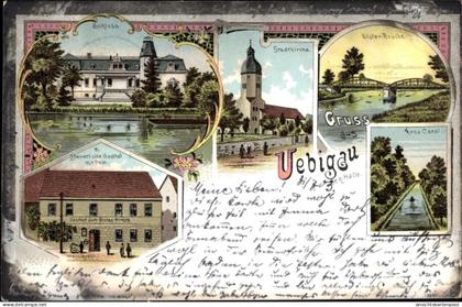 Lithographie Uebigau Wahrenbrück in Brandenburg, Kanal, Elsterbrücke, Stadtkirche, Schloss, Gasthaus