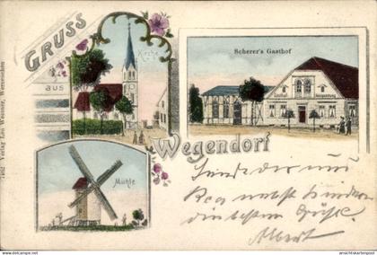 Lithographie Wegendorf Altlandsberg in der Mark, Kirche, Scherer's Gasthof, Windmühle