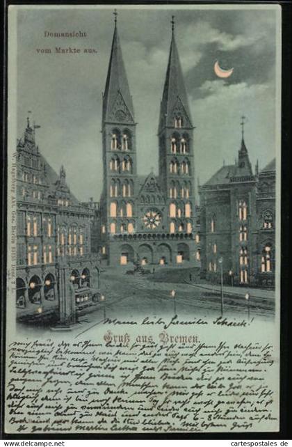 Mondschein-AK Bremen, Domansicht vom Markte aus, Halt gegen das Licht