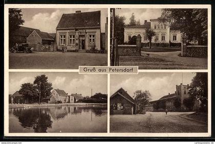 AK Petersdorf / Briesen, Kolonialwarenhandlung, Inh. Emil Busch, Strassenpartie, Villa und Weiher