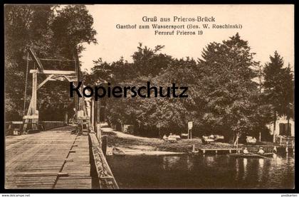 ALTE POSTKARTE GRUSS AUS PRIEROS-BRÜCK GASTHOF ZUM WASSERSPORT BES. W. ROSCHINSKI HEIDESEE Prierosbrück Gräbendorf cpa
