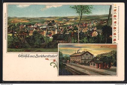 Lithographie Burkhardtsdorf, Bahnhof, Totalansicht