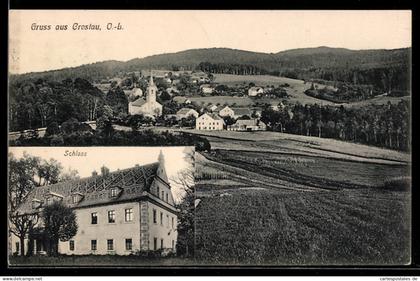AK Crostau /O.-L., Ortsansicht, Kirche, Schloss