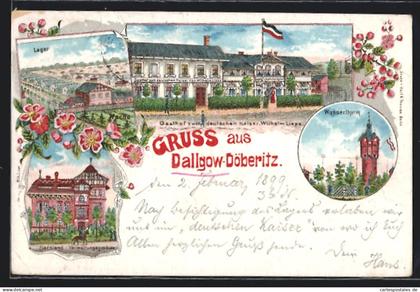 Lithographie Dallgow-Döberitz, Gasthof zum deutschen Kaiser, Lager, Garnison-Verwaltungsgebäude