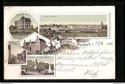Lithographie Dierdorf, Johanniter-Hospital, Total-Ansicht, Kaiser - und Krieger-Denkmal