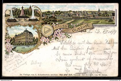 Lithographie Dierdorf, Kaiser und Krieger-Denkmal, Schloss Ruine, Totalansicht