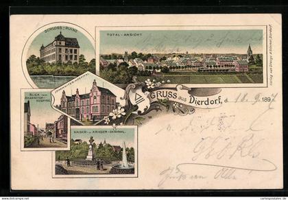 Lithographie Dierdorf, Schloss-Ruine, Johanniter-Hospital, Panorama