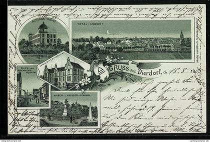 Mondschein-Lithographie Dierdorf, Schloss-Ruine, Blick vom Johanniter Hospital, Kriegerdenkmal