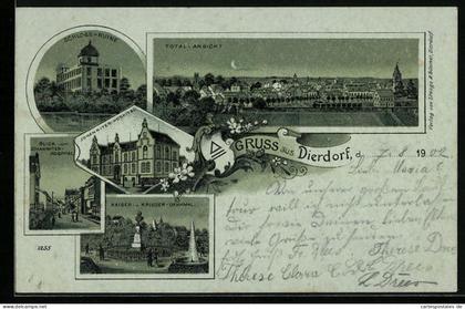 Mondschein-Lithographie Dierdorf, Totalansicht, Schoss-Ruine, Krieger-Denkmal