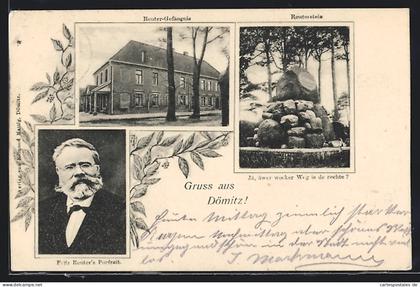 AK Dömitz, Reuter-Gefängnis, Reuterstein, Portrait Fritz Reuter