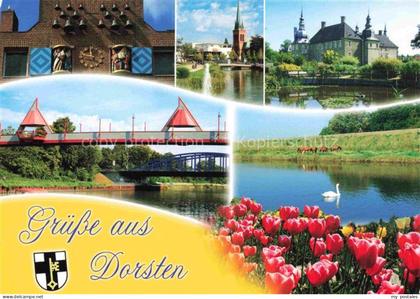 Dorsten Rathaus Glockenspiel Kirche Schloss Kanal Bruecke Pferde Schwan Tulpen